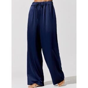 Carbon38 Satin Wide Leg Pant High Rise Pull On Elastic Waist Navy Blue Size Smal